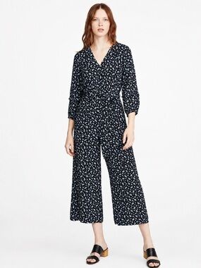 Madewell Ditsy Floral Wide Leg Jumpsuit Black Blue Cropped Ruffle Detail Size S